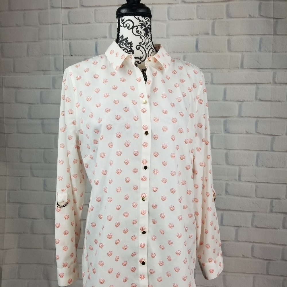 Chico's sz 2 long tab sleeves button front top